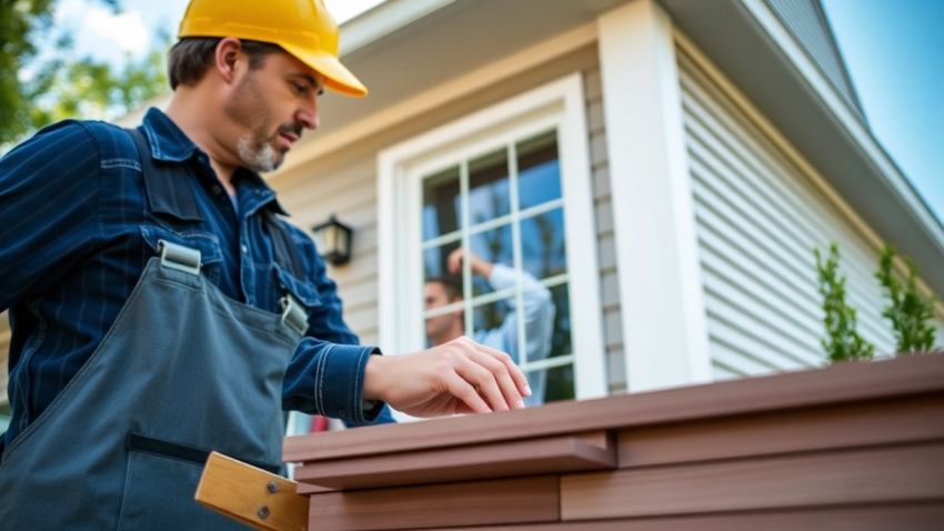 Siding contractor installing durable vinyl siding on a residential home for enhanced curb appeal and protection.