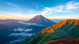 Majestic Mt. Rinjani sunrise view showcasing its towering crater and volcanic landscape, inviting adventure and exploration.