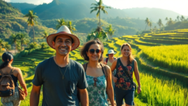 Guide leading tourists through Lombok’s scenic rice terraces, vibrant and inviting landscape experience.