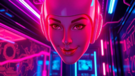 A futuristic AI avatar in a neon-lit cyberpunk environment, emphasizing bold colors and textures.