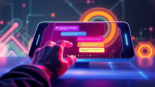 Futuristic AI chatbot interface on a digital screen with adult-themed conversation bubbles, neon colors, and high-tech background.