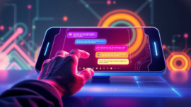 Futuristic AI chatbot interface on a digital screen with adult-themed conversation bubbles, neon colors, and high-tech background.