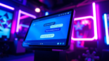 Close-up of a futuristic AI chat interface on a digital device with vibrant colors and neon accents.