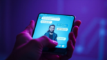 Close-up of a smartphone displaying an AI chatbot conversation with a customizable character, set against a sleek, futuristic background.