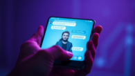 Close-up of a smartphone displaying an AI chatbot conversation with a customizable character, set against a sleek, futuristic background.