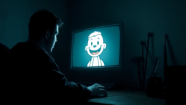 A distressed person facing a computer screen showing Harvey, with dark, disturbing tools in the background, emphasizing psychological horror and moral conflict.