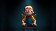 A disturbing scene of Harvey, a cheerful cartoon character, visibly in pain in a dark room, with ominous tools in the background.