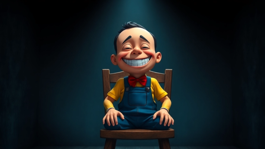 A disturbing scene of Harvey, a cheerful cartoon character, visibly in pain in a dark room, with ominous tools in the background.