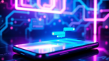 Futuristic smartphone displaying an AI chatbot conversation with vibrant neon accents and a high-tech background.