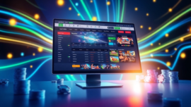 Digital illustration of an online sportsbook and casino platform on a computer screen with neon lights and betting options.