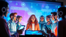 Futuristic digital scene with diverse AI characters engaging in conversation within a high-tech chat interface.