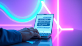 Futuristic digital chat interface with neon accents and holographic elements, showcasing AI conversation technology.