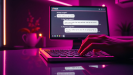 Close-up of a hand typing on a futuristic keyboard with a neon-lit digital chat interface displaying flirtatious messages in the background.