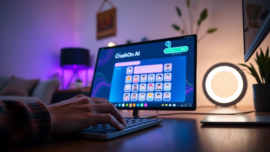 Modern workspace with computer screen showing CrushOn AI interface and user interaction