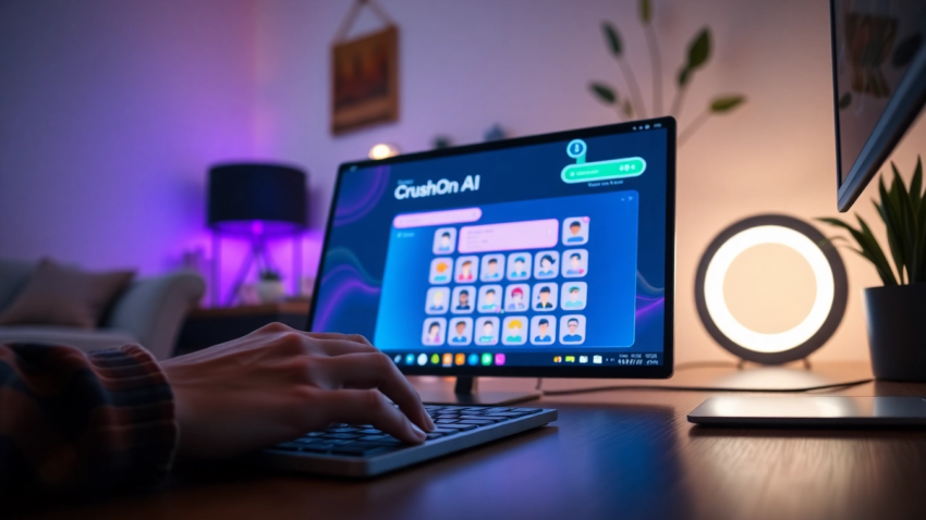 Modern workspace with computer screen showing CrushOn AI interface and user interaction