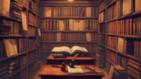 Vintage library scene with old books and manuscripts under warm lighting