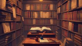 Vintage library scene with old books and manuscripts under warm lighting