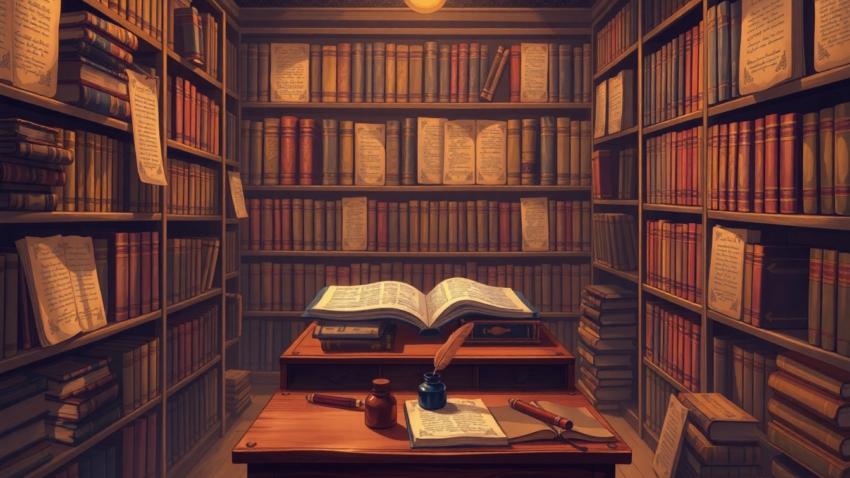 Vintage library scene with old books and manuscripts under warm lighting