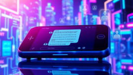 Futuristic digital chat interface on a sleek device with neon cityscape background, highlighting AI chat features and playful conversation bubbles.
