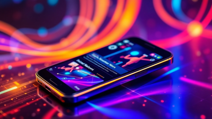 Tech App News updates on a modern smartphone with vibrant digital graphics and sleek design
