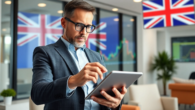 A confident investor reviewing stock charts for Buying Shares UK with UK flag and financial