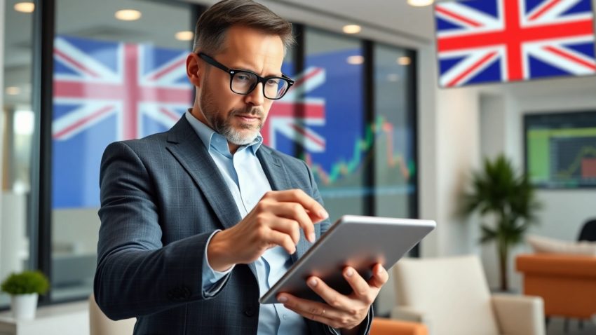 A confident investor reviewing stock charts for Buying Shares UK with UK flag and financial
